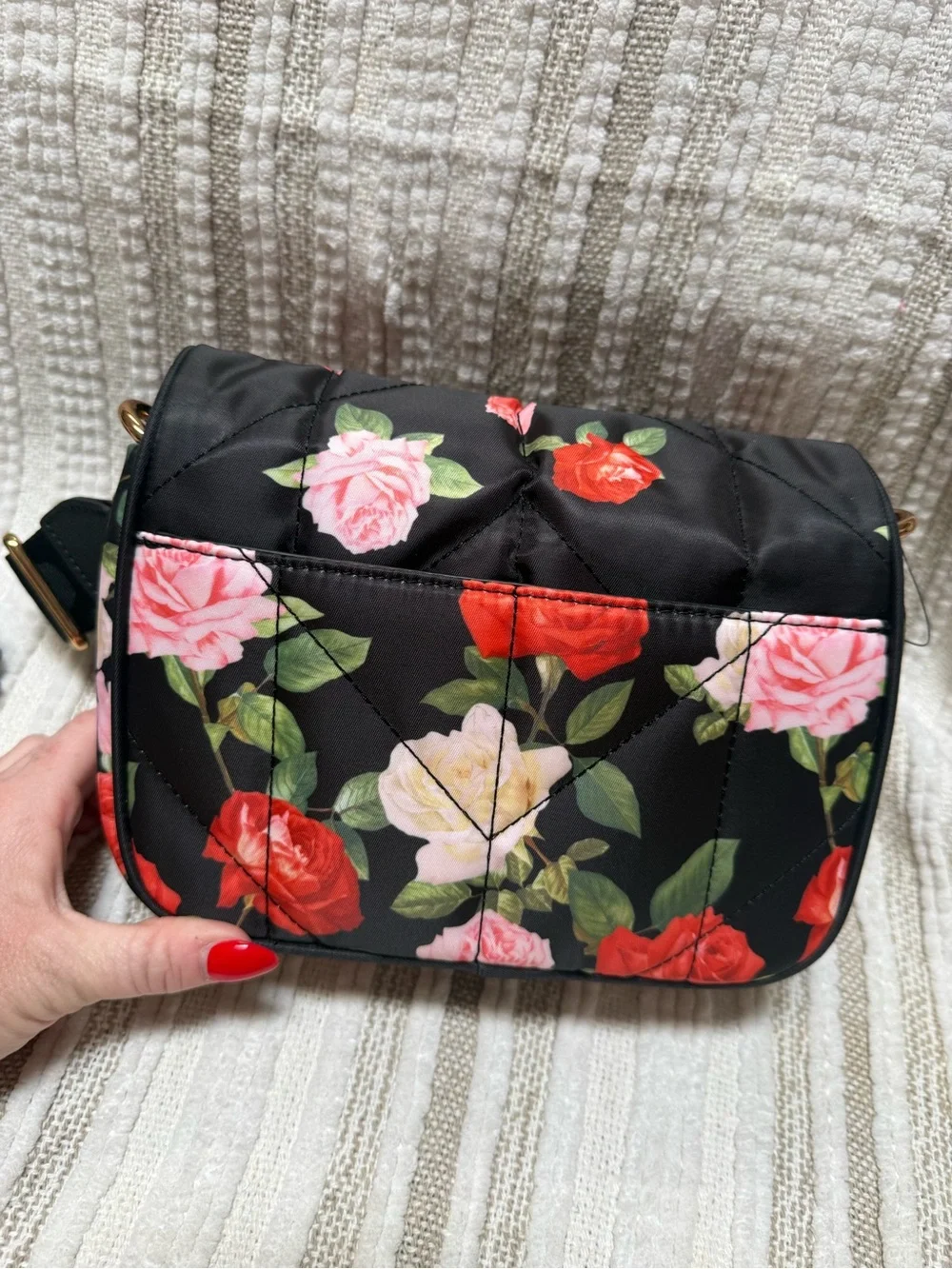 Karl Lagerfeld Quilted Floral Bag - Black with Red, Pink & Cream Roses